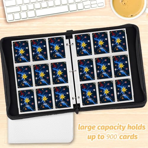 900 Pockets Round Ring Trading Card Binder, 9-Pocket Clear Zipper Card Album with Wrist Strap, Holds 900 Standard TCG & Sports Cards, Not Fit Top Loaders (Carbon White) - color: 9 Pocket 900 Carbon White