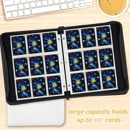 900 Pockets Round Ring Trading Card Binder, 9-Pocket Clear Zipper Card Album with Wrist Strap, Holds 900 Standard TCG & Sports Cards, Not Fit Top Loaders (Carbon White) - color: 9 Pocket 900 Carbon White
