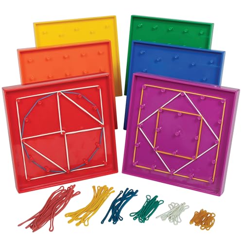 edxeducation Double-Sided Geoboards, Set of 6 with Rubber Bands | 5 x 5 Grid/12 Pin Circular Array, Math Resources, Fine Motor Skills for Kids