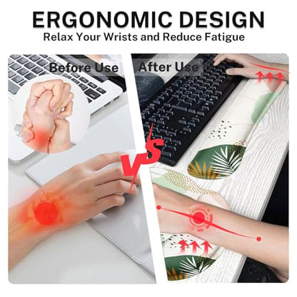 Ergonomic Mouse Pad Set with Wrist Rest, Boho Leaves | Green Non-Slip Rubber Base Wrist Cushion Support and Coasters Mousepad with Wrist Support for Computer Keyboard - color: Green Boho Leaves