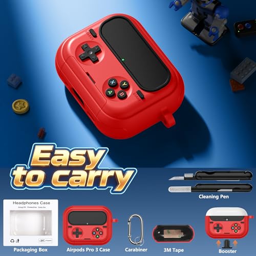 Getino Retro Game Case for AirPods Pro 3 | Game Console Design Protective Cover with Foldable Stand, Secure Lock Anti-Drop Shockproof PC+TPU Case, Keychain & Cleaning Kit for Men & Boys, Red - color: Red