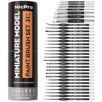 Nicpro Miniature Paint Brushes Drybrush - 31PCS Model Paint Brush Set | for Acrylic Oil Watercolor, Detail Paint Brush Dry Brush for Model, Miniature Painting, Paint by Numbers - with Container - style: 31 Pack (Detail+Drybrush)