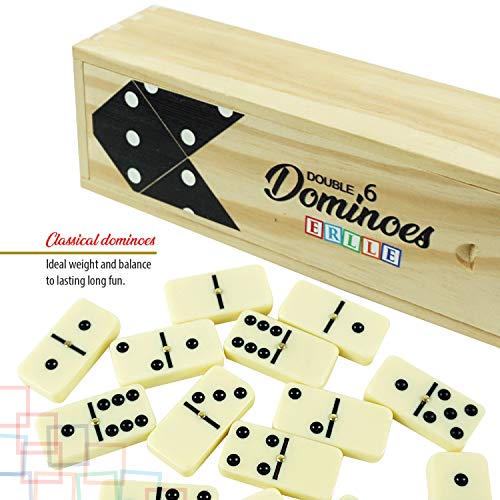 ERLLE - Dominoes Set, Premium Classic 28-Piece Double Six Domino Set with Wooden Case, Family & Kids Board Game, Mexican Train, Chicken Foot, and Classic Domino Games
