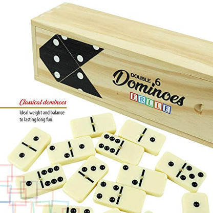 ERLLE - Dominoes Set, Premium Classic 28-Piece Double Six Domino Set with Wooden Case, Family & Kids Board Game, Mexican Train, Chicken Foot, and Classic Domino Games