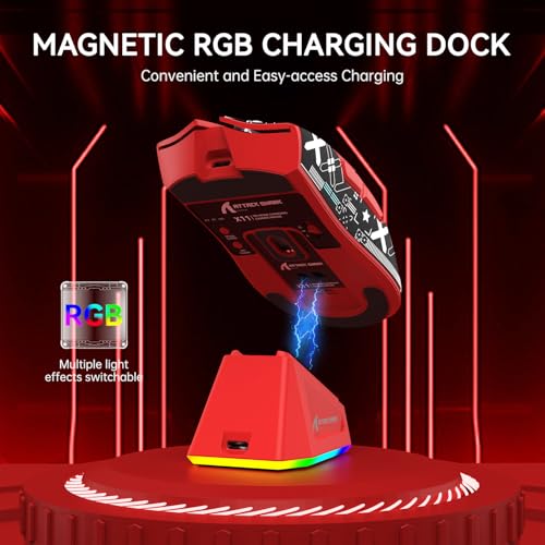 ATTACK SHARK X11 Wireless Gaming Mouse, PAW3311 Sensor, Lightweight, RGB Charging Dock, 22,000 DPI, Tri-Mode Connectivity, 5 Programmable Buttons, Grip Tape Included - Red - color: Red, size: Mouse and Anti-slip sticker