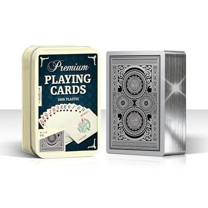Ben Niu Bridge Size 100% Plastic Playing Cards Silver Edge Tin Box | Waterproof pvc deck, mechanical gear pattern, larger index readability, sturdy metal container, fully washable material - color: Silver Foil Bridge With Box