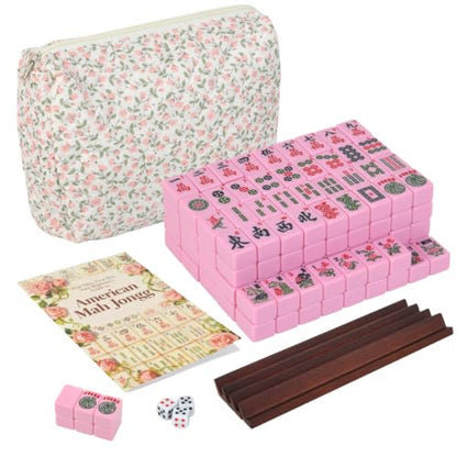 Travel American Mahjong Tile Set | 166 PCS 0.8 Inch Mini Mahjong Game Tiles, 4 Wooden Racks, Floral Storage Bag, 3 Dice & Beginner's Guide, Complete Portable Set (Pink) - color: Pink