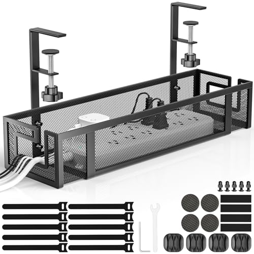 Under Desk Cable Management Tray, GZOKMOG 15.75" No Drill Cable Management, | Heavy Duty Metal Cord Organizer Under Desk, Home Office Wire Management Tray Clamp for Standing/Gaming Desk, Black - color: Black-1 pack
