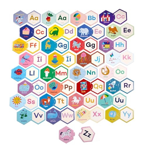 eeBoo Hexagon Puzzle Pairs - Alphabet, 33 Self-Correcting Pairs, Match Pictures to Letters, Pre-Reading Activity for Preschool Kids Ages 3 and up - style: Alphabet
