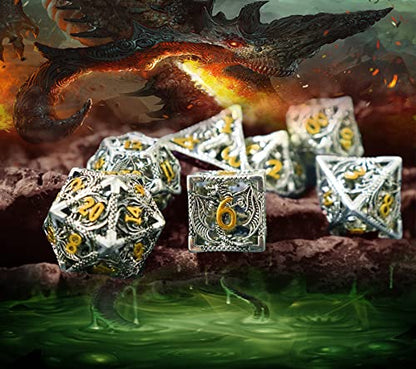Metal DND Dice Set Dungeons and Dragon Dice Set Hollow Dragon Polyhedral Magic 7 PCS Dice Set with Gift Metal Box for Dungeons and Dragons Table Games Play Cards MTG(Dragon_Ancient Silver and Gold) - color: Dragon_ancient Silver and Gold