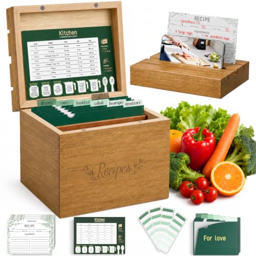 Wooden Recipe Box Set with 50 Cards and 12 Dividers, Solid Pine | Holds 300+ 3x5 and 4x6 recipe cards; 2 removable wood dividers organize recipes for cooking, family keepsakes and gifting - color: Walnut Brown