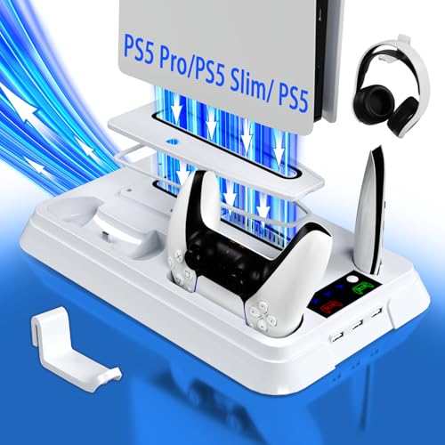 PS5/Slim/Pro Cooling Station for PlayStation 5 Console,PS5 Cooler Fan with Dual PS 5 Controller Charger Incl. 3 Level Fans,Headset,3 USB Hubs,PS5/Slim/Pro Stand for PlayStation 5 Console Accessories - color: Full-White