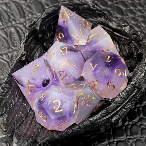 Haxtec Sharp Edge Dice Set Black Purple White Resin DND Dice Set Glitter Polyhedral D&D Dice Compatible with Dungeons and Dragons - color: Purple Pink