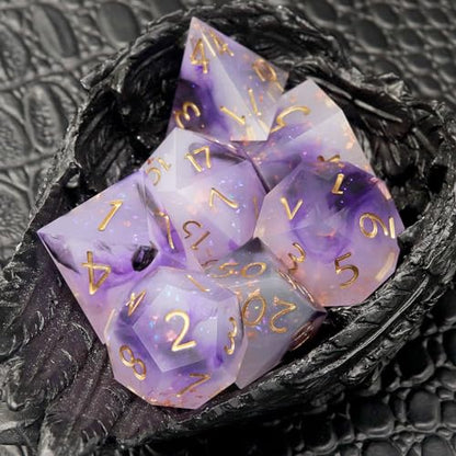 Haxtec Sharp Edge Dice Set Black Purple White Resin DND Dice Set Glitter Polyhedral D&D Dice Compatible with Dungeons and Dragons - color: Purple Pink