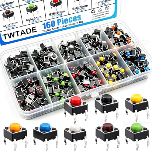 TWTADE 160PCS Momentary Tactile Touch Micro Push Button Switch tact 6x6x5mm Tactile Switch kit,Each Color 20PCS Red Blue Black Green White Yellow Brown - color: 8 Colors-4 Pin 6x6x5mm