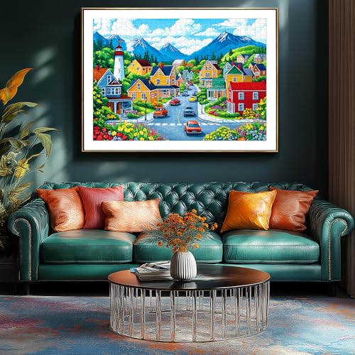 MINIWAN 1000 Piece Colorful Coastal Town Lighthouse Mountain Puzzle | Adults & Seniors, 27.5"x19.7", Letters on Back, Reference Poster - color: Colorful Mountain Town