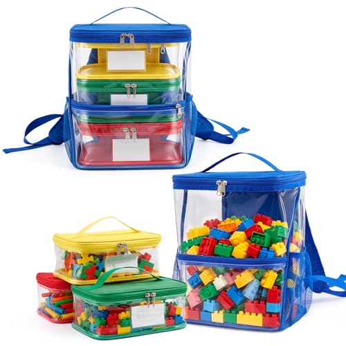 Clear Backpack and 3 Pack Toy Storage Bags With Labels, Reusable Clear PVC Board Game Storage, Travel Waterproof Toy Organizer Bags with Reinforced Strap Name Tag for Building Blocks Puzzle