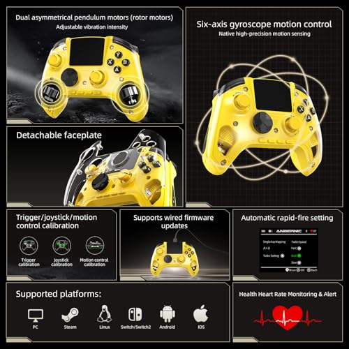 Voacle RG G01 Interactive Screen Wireless Gaming Controller Compatible with PC/Steam/Linux/Android/Switch/IOS 2.4G Wireless Bluetooth Controller Gamepad Hall Effect Triggers(Yellow) - color: Yellow
