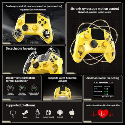 Voacle RG G01 Interactive Screen Wireless Gaming Controller Compatible with PC/Steam/Linux/Android/Switch/IOS 2.4G Wireless Bluetooth Controller Gamepad Hall Effect Triggers(Yellow) - color: Yellow