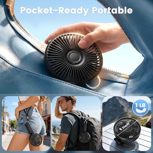 Portable Handheld Fan, 10000mAh Rechargeable 6-Inch Personal Fan for Travel | Ultra Quiet Foldable Desk Fan, 5-Speed Battery Operated Fan with Up to 40H Runtime and Digital Display for Travel and Makeup - color: Black