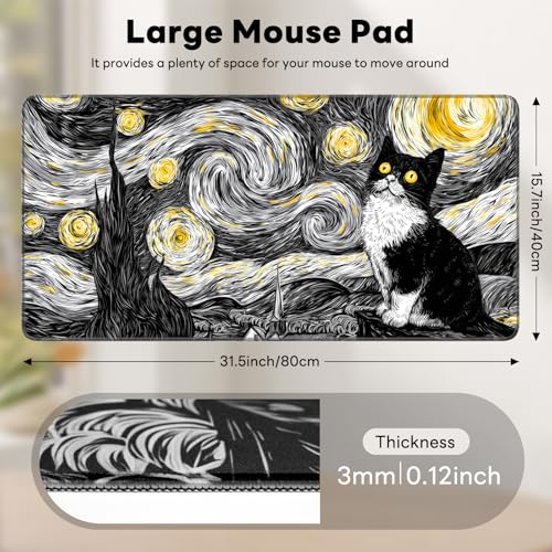 Large Gaming Mouse Pad, XL Desk Protector, Non-Slip Base | 31.5x15.7 in Extended Desk Mat with Stitched Edges for Keyboard, Work, Game, Office, Home PC and Laptop - color: Starry Kitty