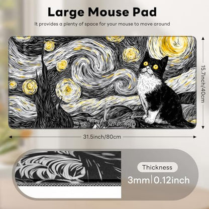Large Gaming Mouse Pad, XL Desk Protector, Non-Slip Base | 31.5x15.7 in Extended Desk Mat with Stitched Edges for Keyboard, Work, Game, Office, Home PC and Laptop - color: Starry Kitty