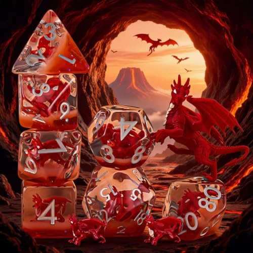 DND Resin Dice Set, Polyhedral D&D Red Dragon Dice Inclusion Dice for Dungeons and Dragons MTG RPG (Red Dragon) - color: Red Dragon