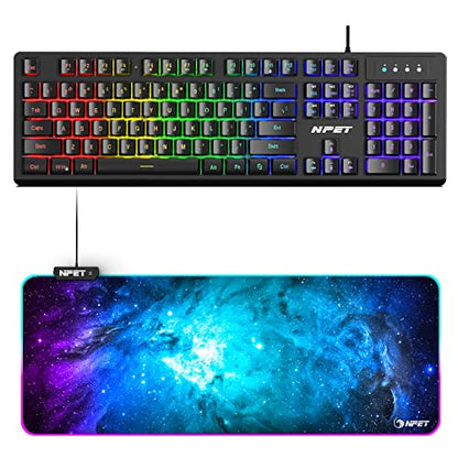 NPET K10V3 Wired Gaming Keyboard and Mouse Pad, RGB 10 Zone Backlit, Spill-Resistant Design, Quiet Silent USB Membrane Keyboard and Wrist Support for Desktop, Computer, PC