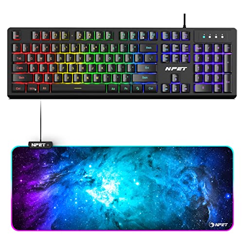 NPET K10V3 Wired Gaming Keyboard and Mouse Pad, RGB 10 Zone Backlit, Spill-Resistant Design, Quiet Silent USB Membrane Keyboard and Wrist Support for Desktop, Computer, PC