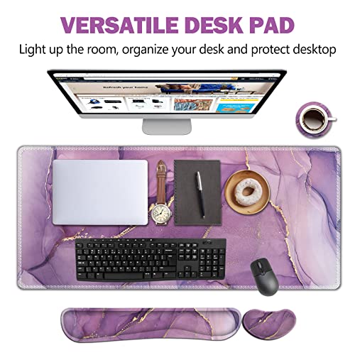 AIMSA Large Gaming Mouse Pad Set, Keyboard Wrist Rest Support Mouse Pad, Ergonomic Memory Foam Multifunctional Extended Desk Mat 35x15.7in Anti-Slip Rubber Base for Office Home, Purple Marble - color: Purple Marble