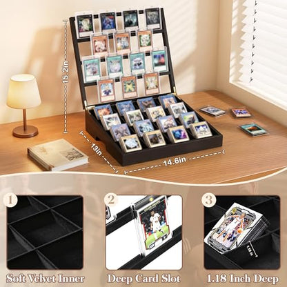 Emfogo Wooden Card Sorting Tray Trading Card Display, 16-Compartment Trading Cards Organizer with Handle Design, Cards Sorter for Sports, Trading, TCG, Game, and Collection Display, Black