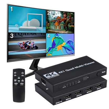 HDMI Multiviewer Switch 4x1, HDMI Quad Multi-Viewer 4 in 1 Out switcher with IR Remote, Support 4K@30Hz 1080P@60Hz and 12 Display Modes for Security Camera, Gaming Consoles