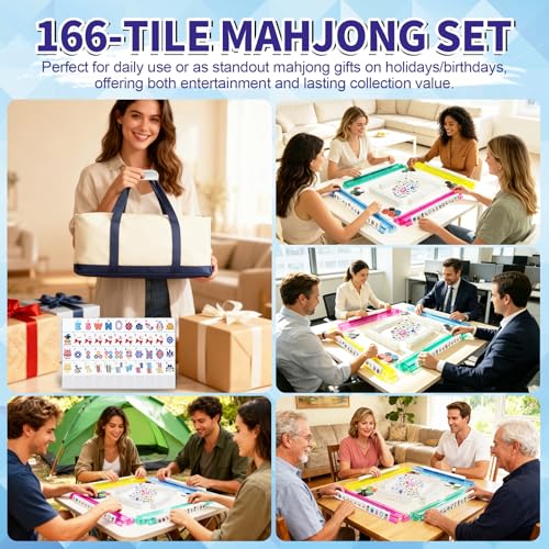 Deluxe American Mahjong Tile Set, 166 Unique Designer Tiles, White | Complete game kit with 4 pcs shuffler cards, 4 all-in-one racks/pushers and custom premium travel bag for family game night. - color: White
