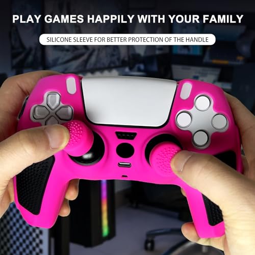 Anti-Slip Pink Controller Skin,Soft Thicken Studded Protective Silicone Cover Skin Grips Compatible with PS5/Slim/Pro Controller and 8 PCS Thumb Grips Caps. - color: Pink&Black