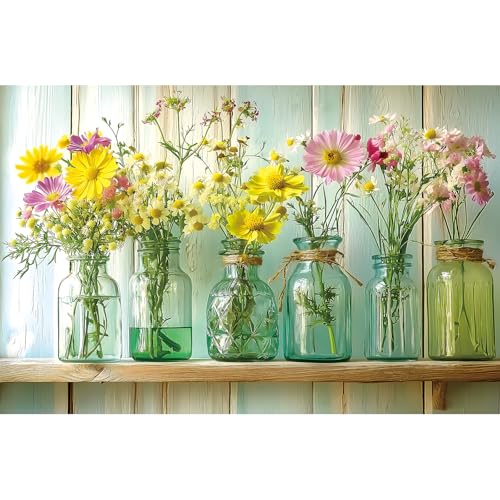 Floral Vintage Glass Jars Jigsaw Puzzle 500 Pieces for Adults Wildflower Bouquet Flowers Puzzle with Letters on Back Fun Challenge Puzzle for Game Night for Seniors & Family（23x15 Inch） - color: Floral Vintage