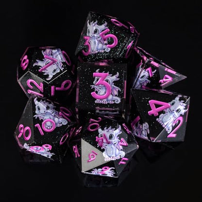 Dragon Pattern Double Layered Starry Sky Black Resin DND Dice Set, d4 d6 d8 10 d12 d20 7Pcs Sharp Edge D&D Dice for RPG MTG D and D Role Playing Desktop Games - color: Pink