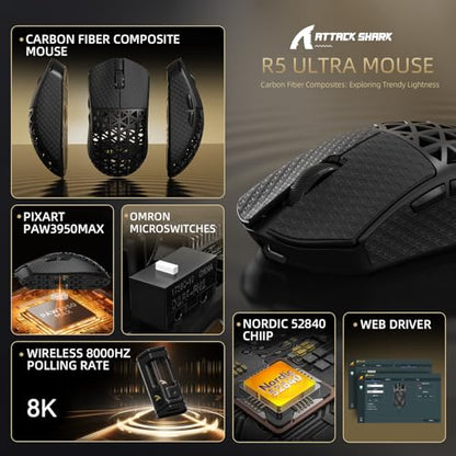 ATTACK SHARK R5Ultra 8K Carbon Fiber Wireless Gaming Mouse, Black&Tape | 42K DPI,PAW3950 MAX Sensor,39g Ultra-Lightweight,Nordic 52840 MCU Chip,Wired/BT/2.4GHz Wireless Programmable Mouse for PC/Mac - color: Black&Griptape
