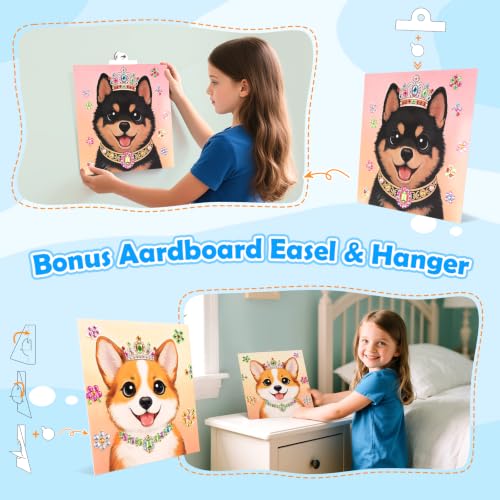 Gem Art Sticker Kit,Diamond Art Sticker Crafts for Kids Ages 4-12 | 8 Dog Themes, 1000+ Gems, no glue, no mess, Gemstone Sticker Arts and Crafts for Kids, Christmas Birthday Gift for Girls - color: Blue-Dog