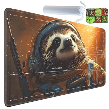 for MTG/TCG Playmat with Zones, 24 x 14 inches Trading Card Playmat with A Storage Bag and 6 Dice, Non-Lip Rubber Bottom Game Desk Mat, Space Journey of The Sloth Astronaut - color: Yux-playmats-2-3A-250