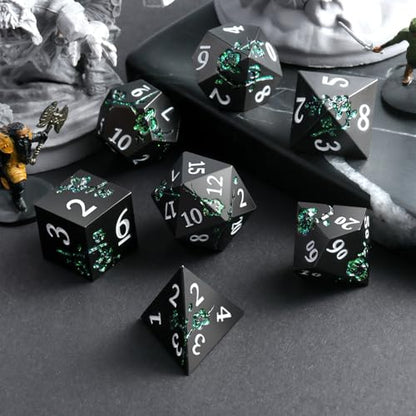 Glitter Green DND Metal Dice, DNDND 7 PCS Flower Metallic DND Dice Set with Gorgeous Gift Case for Dungeons and Dragon Tabletop Game (Matte Black with Glitter Green Flower) - color: Flower Glitter Green