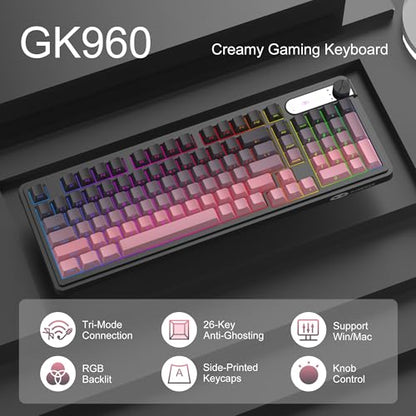 MageGee GK960 Wireless Keyboard, 98 Keys Tri-Mode BT/2.4G/Wired Membrane Gaming Keyboard, RGB Creamy Keyboard with Number Pad, Knob Control, Side Printed Keycaps, 4000mAh Battery - Black & Pink - color: Black & Pink