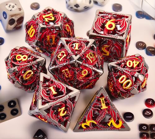 Metal DND Dice Set Dungeons and Dragon Dice Set Hollow Dragon Polyhedral Magic 7 PCS Dice Set with Gift Metal Box for Dungeons and Dragons Table Games Play Cards MTG(Dragon_Black Red Plus Gold) - color: Dragon_black Red Plus Gold