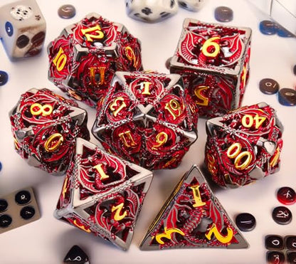 Metal DND Dice Set Dungeons and Dragon Dice Set Hollow Dragon Polyhedral Magic 7 PCS Dice Set with Gift Metal Box for Dungeons and Dragons Table Games Play Cards MTG(Dragon_Black Red Plus Gold) - color: Dragon_black Red Plus Gold