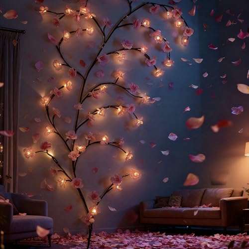 47 Inch Cherry Blossom Tree Light with Remote, 48 LED Cherry Blossom Branch Lights for Wall, 8 Lighting Modes&Timer, Flexible DIY Indoor Decoration for Home, Christmas, Wedding, Party (48LED-47inch) - size: 48LED-47inch