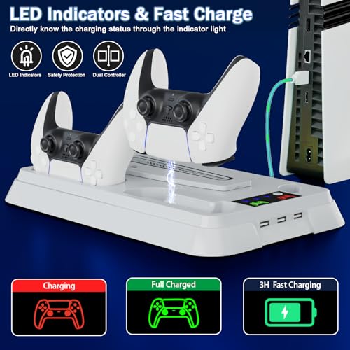 PS5/Slim/Pro Cooling Station for PlayStation 5 Console,PS5 Cooler Fan with Dual PS 5 Controller Charger Incl. 3 Level Fans,Headset,3 USB Hubs,PS5/Slim/Pro Stand for PlayStation 5 Console Accessories - color: Full-White