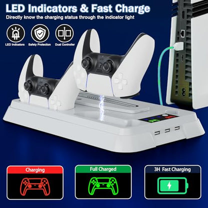 PS5/Slim/Pro Cooling Station for PlayStation 5 Console,PS5 Cooler Fan with Dual PS 5 Controller Charger Incl. 3 Level Fans,Headset,3 USB Hubs,PS5/Slim/Pro Stand for PlayStation 5 Console Accessories - color: Full-White