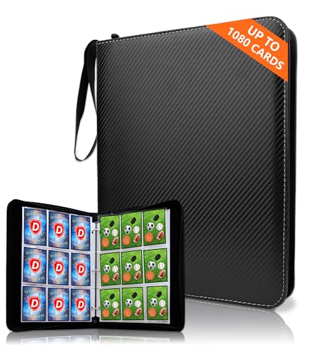 Trading Card Binder 9 Pocket, 1080 Cards Collection Folder with 60 Sleeves, Zipper Card Organizer Album for Baseball, Sports, Collectible Card(Black, 9Pockets) - color: Black, size: 9 Pocket