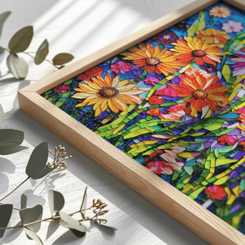 Bgraamiens-Mosaic Art Flowers-1000 Pieces Puzzle for Adults, Stained Glass Jigsaw with Flowers, Impossible Puzzle Color Challenge Hard Puzzles for Adults - color: Mosaic Art Flowers