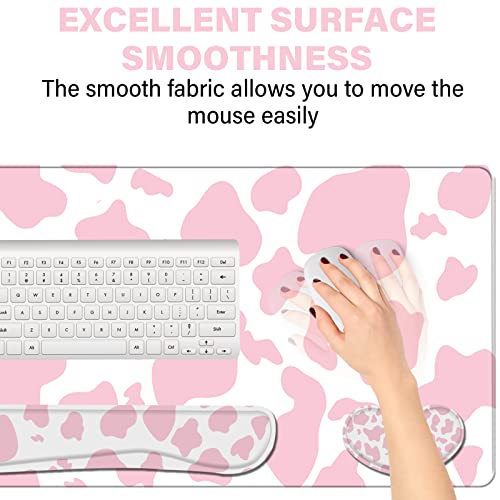 3Pcs Large Gaming Mouse Pad Desk Mat,Keyboard Mouse Wrist Rest Support Set,Extended Laptop Mouse Pad Memory Foam Non-Slip Base for Gamer Home Office(31.5x15.7in)-Pink Cow Pattern - color: B2-Pink