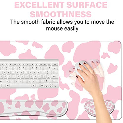 3Pcs Large Gaming Mouse Pad Desk Mat,Keyboard Mouse Wrist Rest Support Set,Extended Laptop Mouse Pad Memory Foam Non-Slip Base for Gamer Home Office(31.5x15.7in)-Pink Cow Pattern - color: B2-Pink